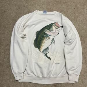 Vintage Sun Sun Bass Fish Graphic Puff Printed White Crewneck Large